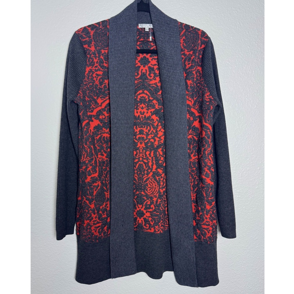 Alberto Makali Womens Red Grey Damask Wool Blend‎ Open Front Cardigan L